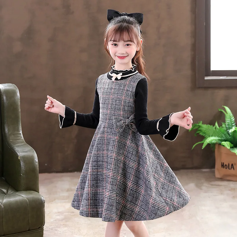 

Autunm Winter Kids Academic Atmosphere Dress Children Lovely Bow Long Sleeve Two Piece Set Girls Lattice Pleated Skirt