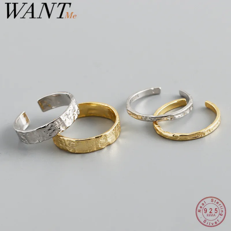 WANTME 925 Sterling Silver Unique Irregular Minimalist Open Ring Women Men European Hammered Hip Hop Couples Jewelry Accessories