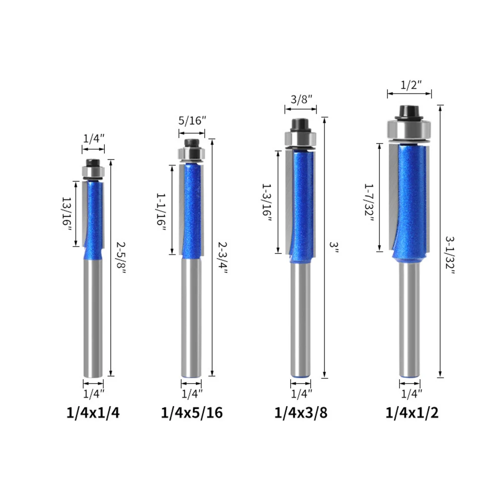 ALLSOME 4Pcs 6.25mm Shank Straight Edge Trimming Router Bit Cleaning Flush Trim Tenon Endmill Milling Cutter With Storage Box