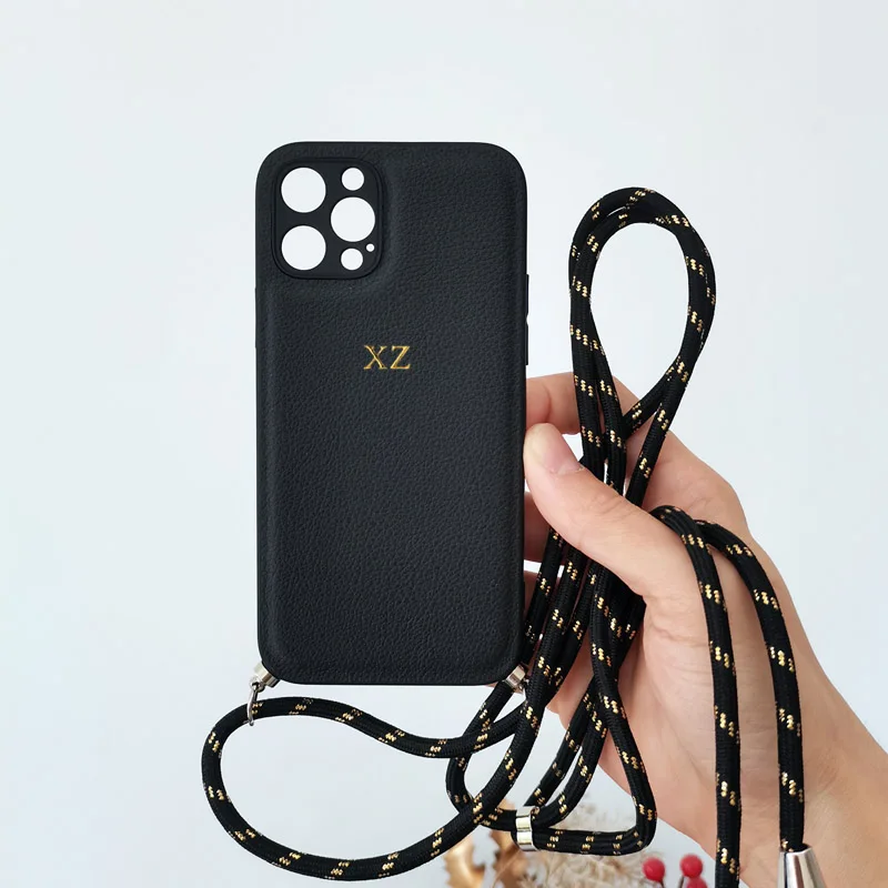 Funda de cuero personalizada con letras doradas y plateadas, carcasa de lujo con cordón para iphone 14, 13, 12, 11 Pro Max, XS, XS Max, 7, 8 Plus, 12, 13 Mini