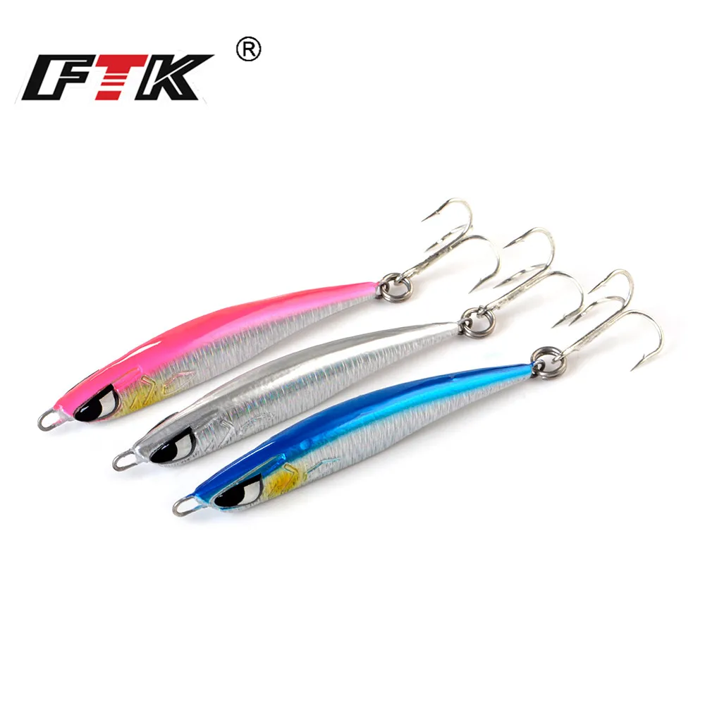 FTK 40g 60g Metal Jig Fishing Lure With Treble Hook Hard Artificial Baits Lead Lures 3D Eyes Sea Fishing Accessories