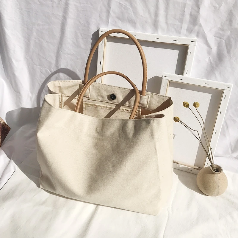 Women Canvas Tote Bags Female Large Capacity Simple Handbags Casual Cotton Cloth Shopper Girls Beige School Bag