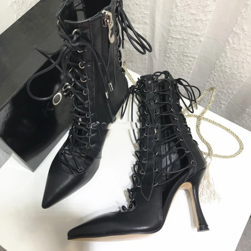 Hollow Gladiator Spring Shoes Woman Runway Party Ankle Booties Lace Up Pointed Toe Stiletto Heel Leather Pumps High Vamp Shoes