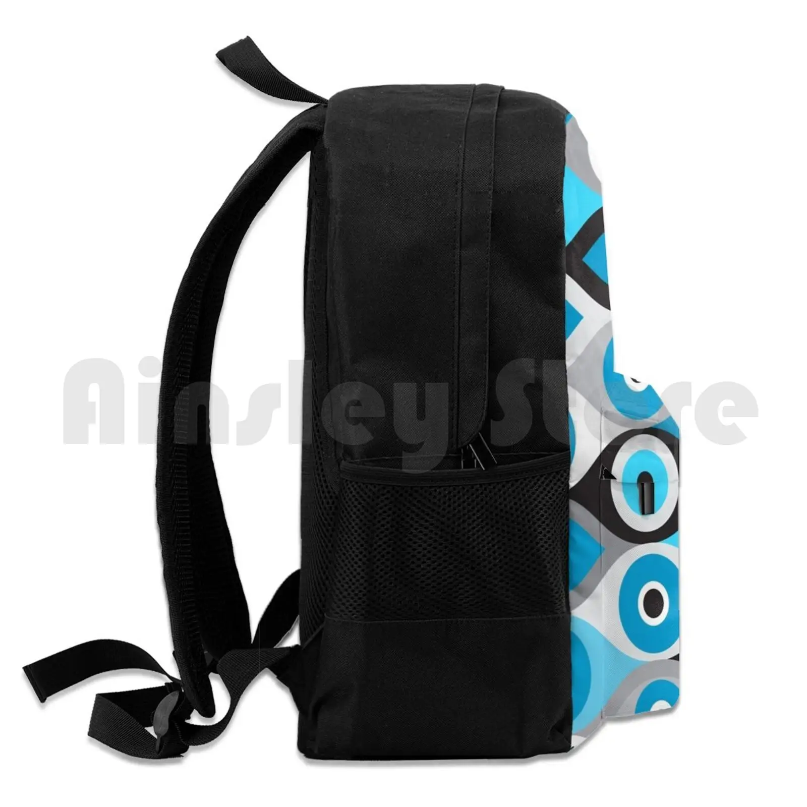 Grieks boze oogpatroon Blues en grays Outdoor wandelrugzak Waterdicht Kamperen Reizen Grieks Mati Mati Mataki Matiasma Grieks