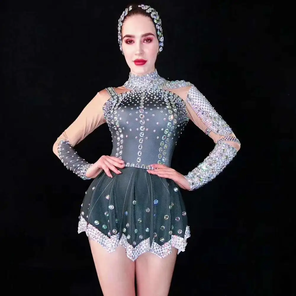 

2020 Women New Shining Rhinestones Long Sleeves Sexy Black Dress DJ DS Dance Outfit Birthday Celebrate Dress Singer Stage Dress