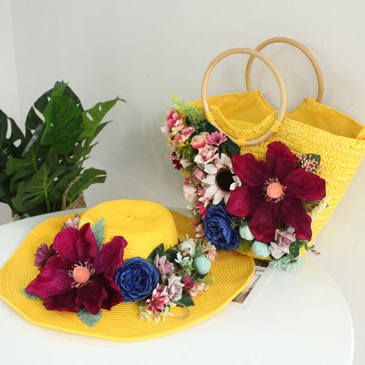 High-end Customized Colorful Artificial Flower Straw Beach Bag Fashion Wave Rattan Summer Holiday Tote Handmade Yellow Lady Suit