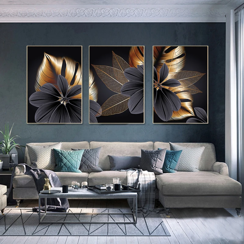 RUOPOTY 3 szt./zestaw ręcznie malowany obrazek według numerów złote kwiaty farba akrylowa według numerów dla dorosłych Modern Home Wall Art Picture