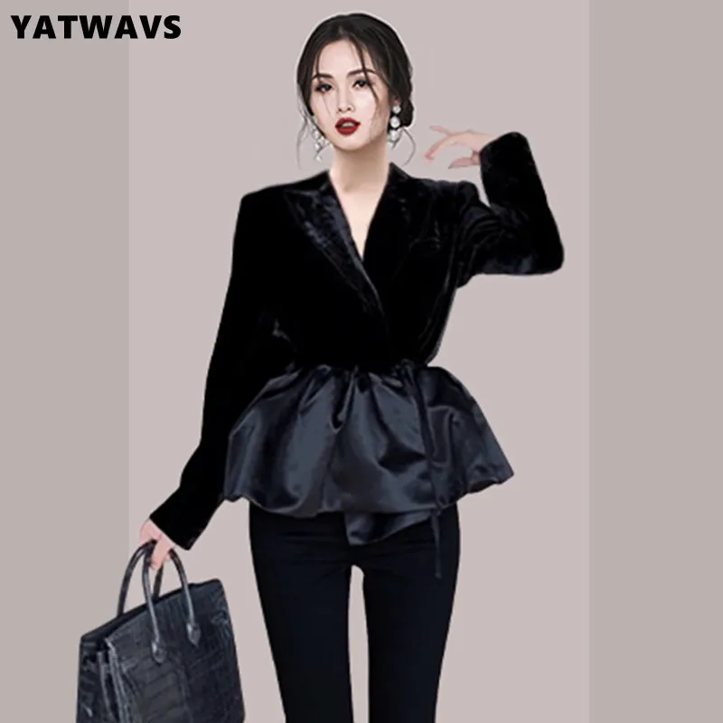 New Fashion Slim Velvet Jacket Coat Women Spring Design Long Sleeve Lace Up Splicing Ruffle Ladies Solid Color Top