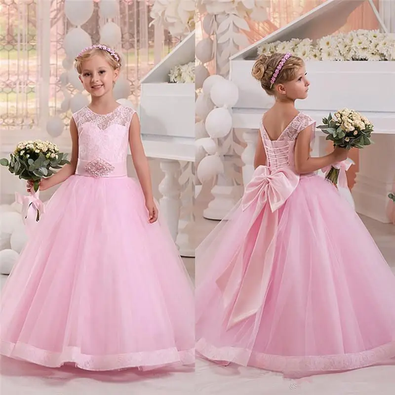 Vestido formal de princesa infantil, rosa, com laço, de primeira comunhão, para bebês recém-nascidos, vestidos flores, meninas, casamento