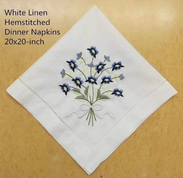 

Set of 12 Fashion Dinner Napkins white Hemstitched linen Table Napkin with Color Embroidered Floral Wedding Napkins 20x20-inch