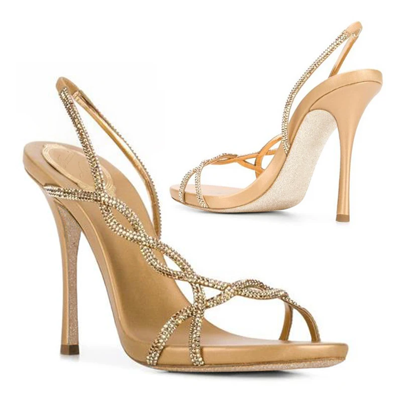 Gold Silver Rhinestone Strap Cross Sandals Women Thin High Heel Dress Shoes Open Toe Crystal Side Twist Cutout Wedding Sandals