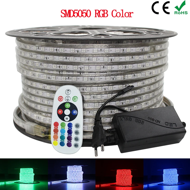 RGB LED Strip Light 220V Waterproof IP67 Rgb Led Tape Lights 60leds/m SMD5050 With Remote Controller Plug Led Ribbon 5M 10M 15M