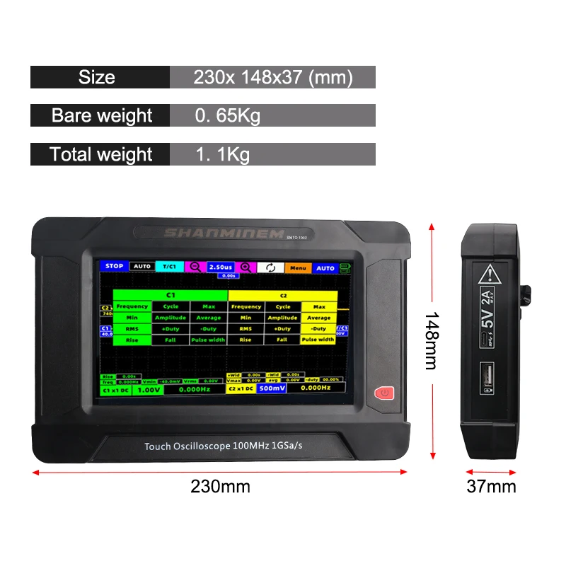 Digital Storage Touch Screen Flat Oscilloscope 2CH 100M/1G Sampling Rate Usb 1CH Signal Generator Portable New Product SMTO1002