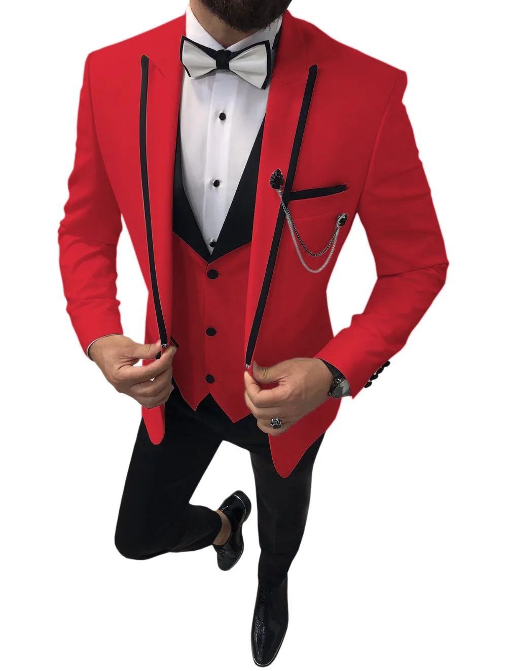 

3 Pieces Red Customize Peaked Lapel Groom Tuxedos Casual Men Wedding Suits Prom Best Man Blazer Pants Male Suit Set 2019