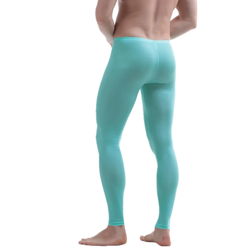 Sexy Mens Homme Long Johns See Through Tight Leggings Trousers Ice Silk Seamless Underwear Bulge Pouch Sleep Bottoms Male Pants