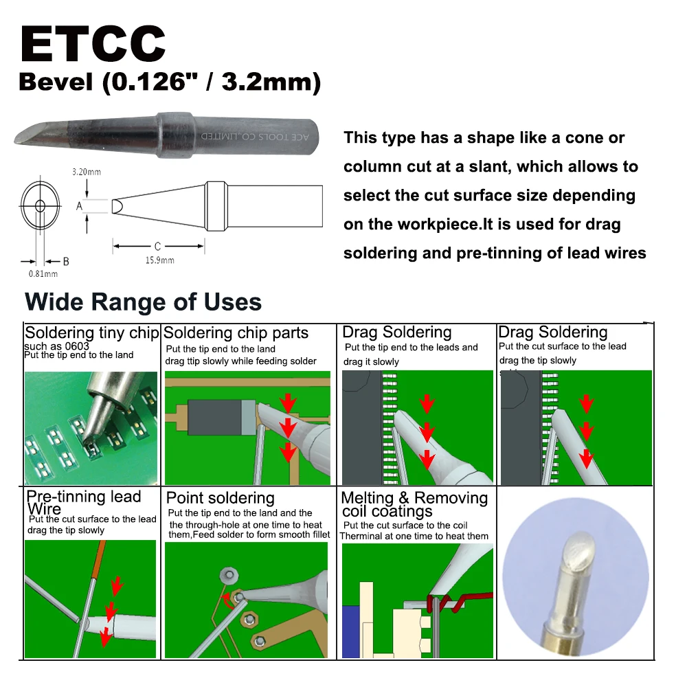 Сменный наконечник для паяльника ETCC, скос 3,2 мм, подходит для WELLER WES51 WES50 WESD51 WE1010NA we10eu PES51 PES50 LR21 LR20, сварочное долото