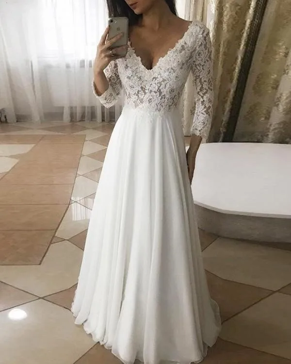 JIERUIZE Charming Lace Wedding Dresses Sexy V Neck 3/4 Sleeves Bride Dresses Chiffon Bridal Gown vestido de noiva Customized