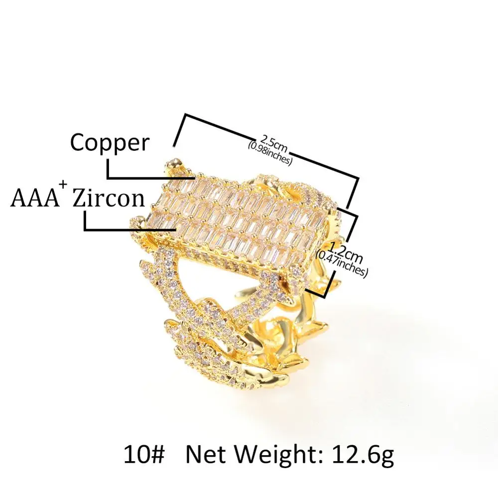 남자 힙합 AAA 큐빅 지르코니아 블링 아이스 스퀘어 링 펑크 스타일 Domineering 럭셔리 링 랩퍼 쥬얼리 선물 골드 컬러