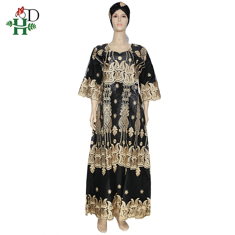 H&D South African Ladies Riche Bazin Lace Dresses Embroidery Dashiki Long Dress With Headtie 2022 African Nigerian Party Clothes