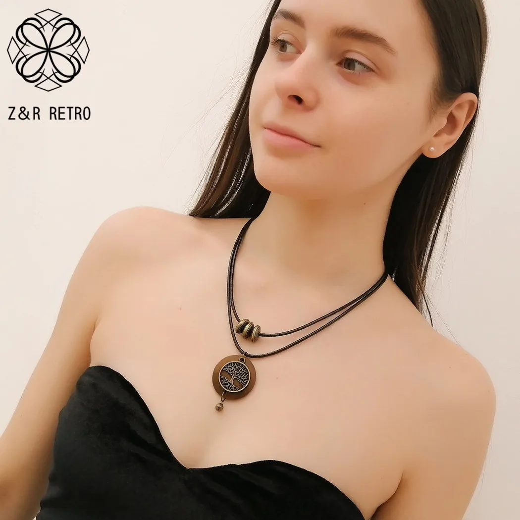 Wood Tree of Life Neck Choker Vintage Necklace Goth Chains Suspension Pendants 2022 Costume Jewelry for Women Collar Accessories