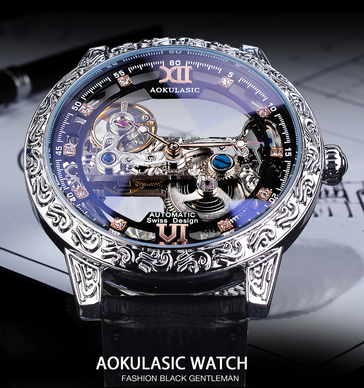 AOKULASIC Fashion Casual Self Winding Skeleton Tourbillon Trendy Carved Men Automatic Mechanical Waterproof Luminous Watches