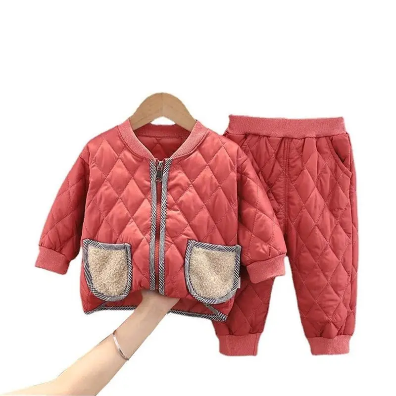 NEW Warm Coat Cute Infant Newborn Kids Girls Solid Cotton-padded Clothes Long Pants 2pc/set Outfit Cotton Kids Boys Tracksuit