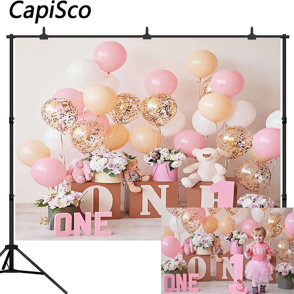 

Capisco 1st Birthday Photography Background Birthday Party Balloon Flowers Toy Bear Backdrop Photocall Backdrops Photo Studio