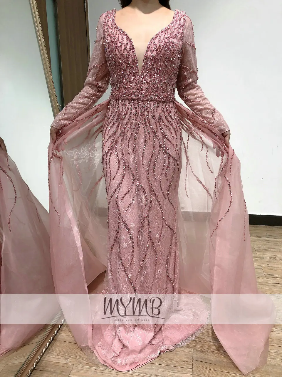 Sang Trọng Người Yêu Tay Dài Dạ Hội Plus Size Nữ 2022 Hàng Mới Về Hồng Haute Couture Đầm Chất Lượng Cao MY41143