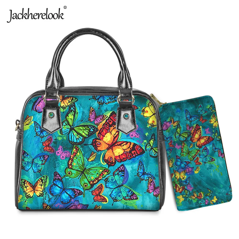 

Jackherelook Butterflies Print Women Handbag Luxury PU Leather Crossbody Bag Clutch Wallet Set Female Handle Bag Coin Purse