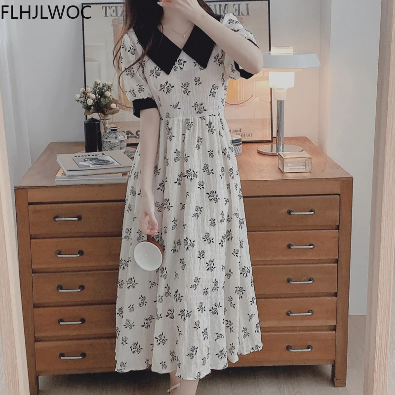 

2021 Summer Prairie Chic Korea Feminine Vestidos Women Japanese Style Girls Cute Sweet Peter Pan Colalr Floral Dress