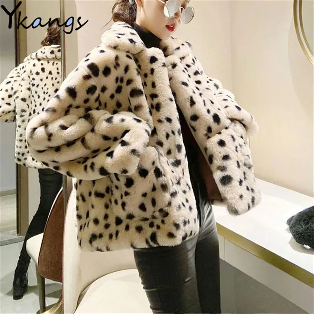 Y2k Faux Fur Leopard Print Fur Coat Women Winter 2021 New Loose Lamb Wool Winter Short Plush Jacket Korean Fashion Fluffy Jacket