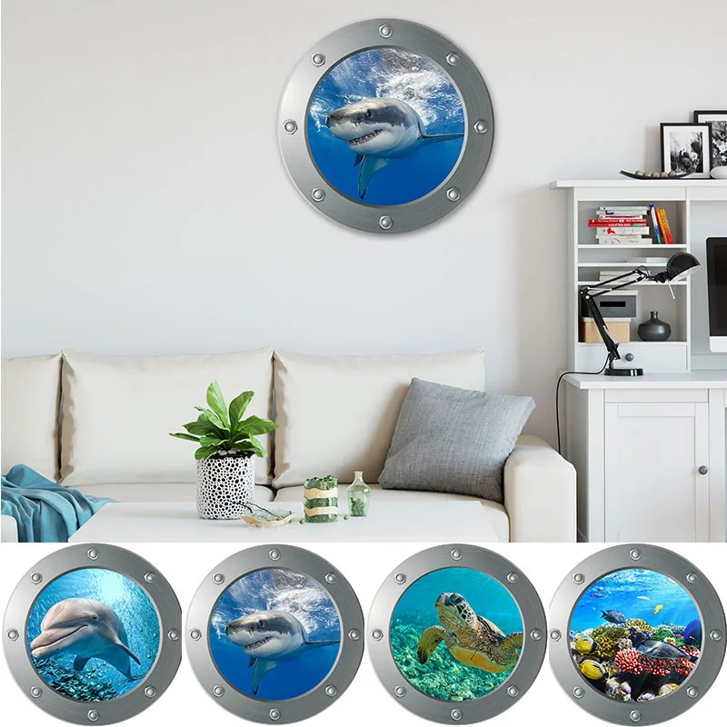 cute Shark coral fish turtle sea world animals 3D window submarine home decor wall sticker for washroom living room decal xmas