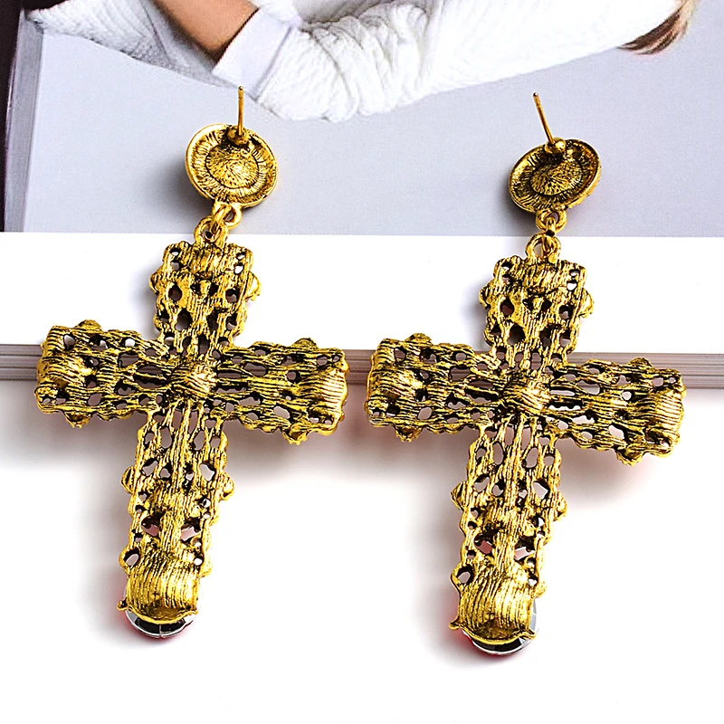 New Design Vintage Metal Crystal Long Cross Drop Earrings High-Quality Rhinestones Jewelry Accessories For Women Wholesale