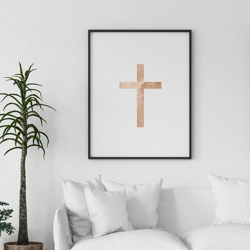 Christian Wall Art Prints spiritual Poster Modern Minimalist Brown Faded Cross Canvas Painting Living Room Religious Decor