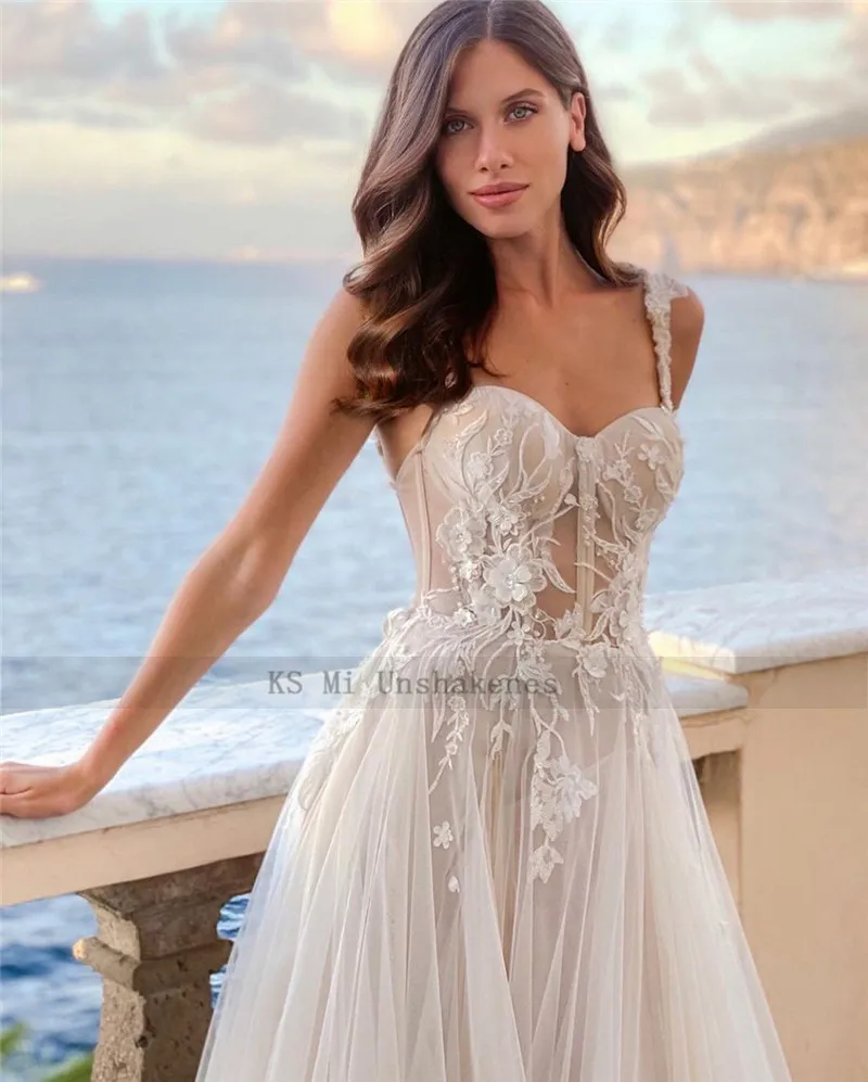 2021 abiti da sposa Sexy Champagne una linea pizzo 3D fiori abiti da sposa Boho abito da sposa spiaggia spalline Casamento