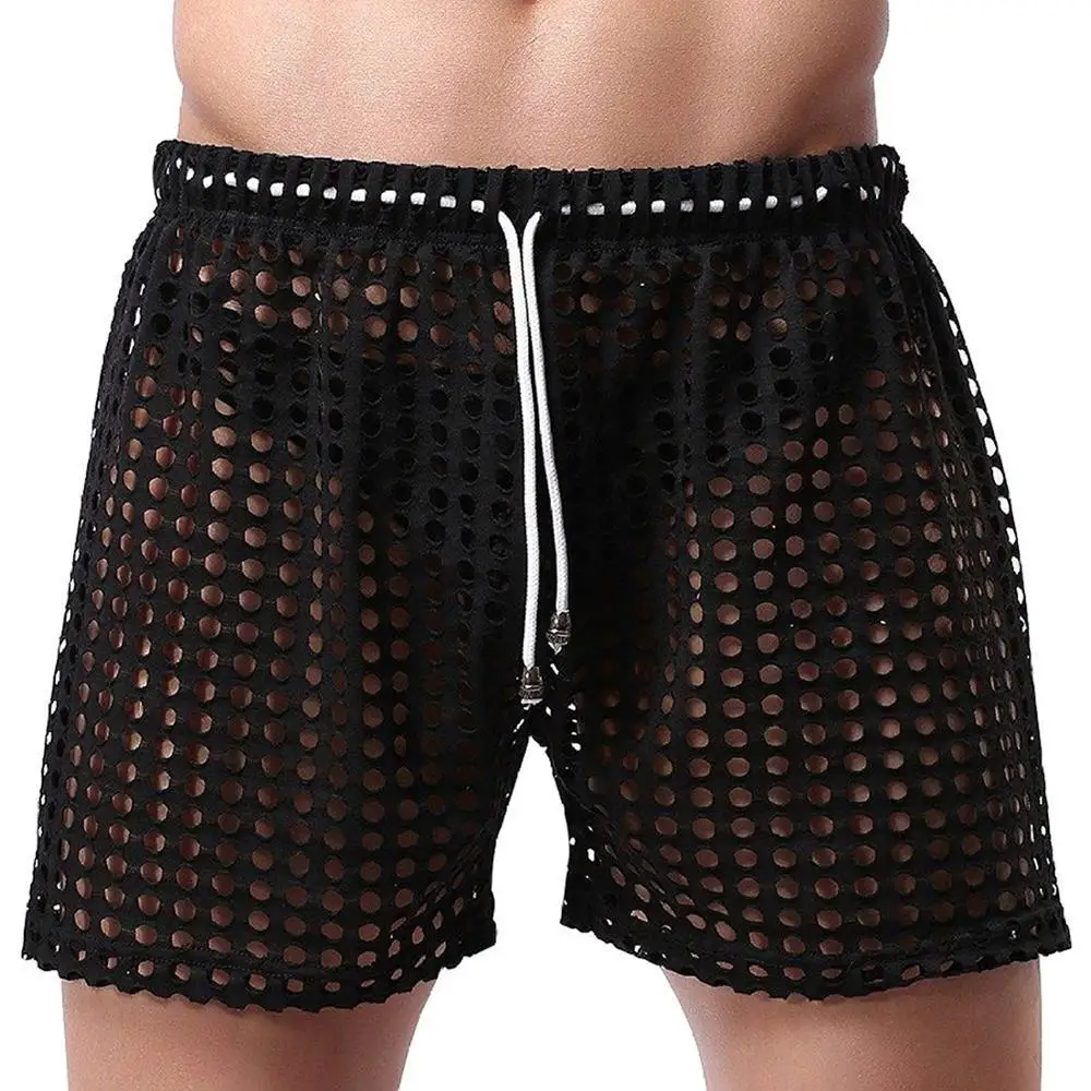 Mens Hollow Openwork Drawstring Lounge Underwear Boxer Shorts