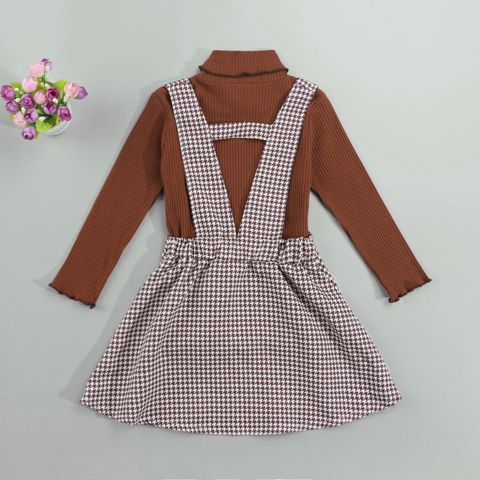 Kids Girls Autumn Fashion Clothes Set 2 Pieces Suit Solid Turtleneck Tops+Plaid Suspender Skirt Kids Sets Girls Clothes 1-6Y