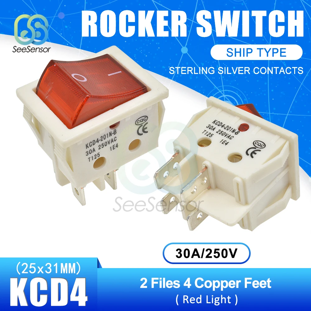 5PCS KCD4 Rocker Switch Power Switch ON-OFF 2 Position 4 Pins / 6 Pins Electrical Equipment With Light 30A 250VAC