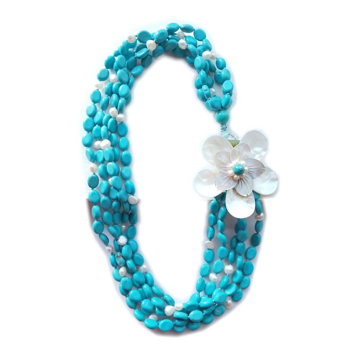 Lii Ji Real Freshwater Pearl Turquoise 5rows Statement Necklace Shell Flowers Big Necklace 52cm Women Jewelry