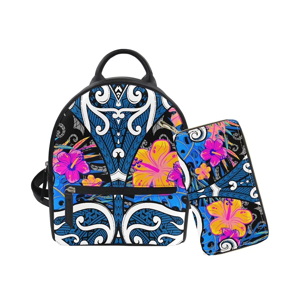 Hycool Pu Leather Women Bag Backpack Set Polynesian Tribal Hawaii Flower Bags With Short Handles Luxury Women Bags Brands