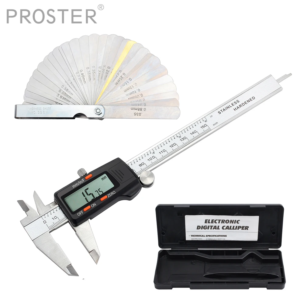 Proster 150mm Digital Vernier Caliper + Feeler Gauge Body Electronic Caliper Fractions/Inch/Metric Conversion Measuring Tool Set