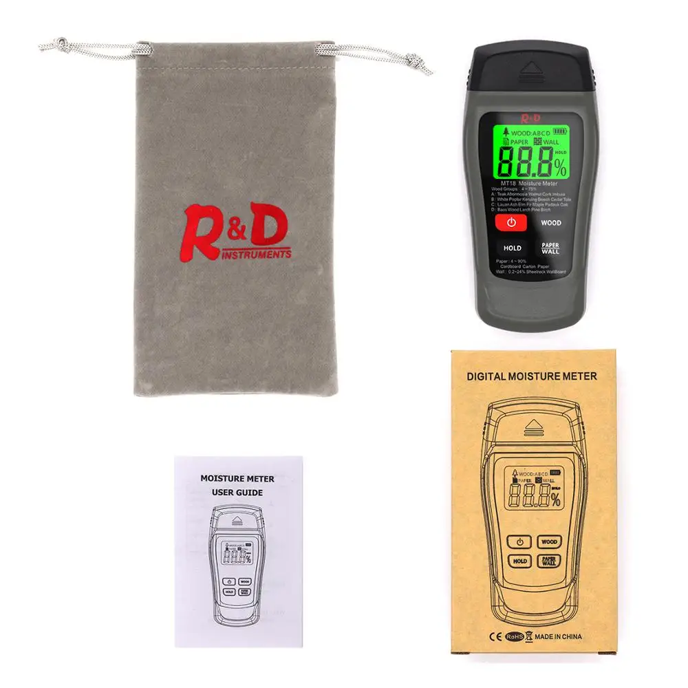 R&D MT-18 Wood Moisture Meter Paper Humidity Tester Wall Hygrometer Timber Damp Detector Tree Density Tester Grey NEW