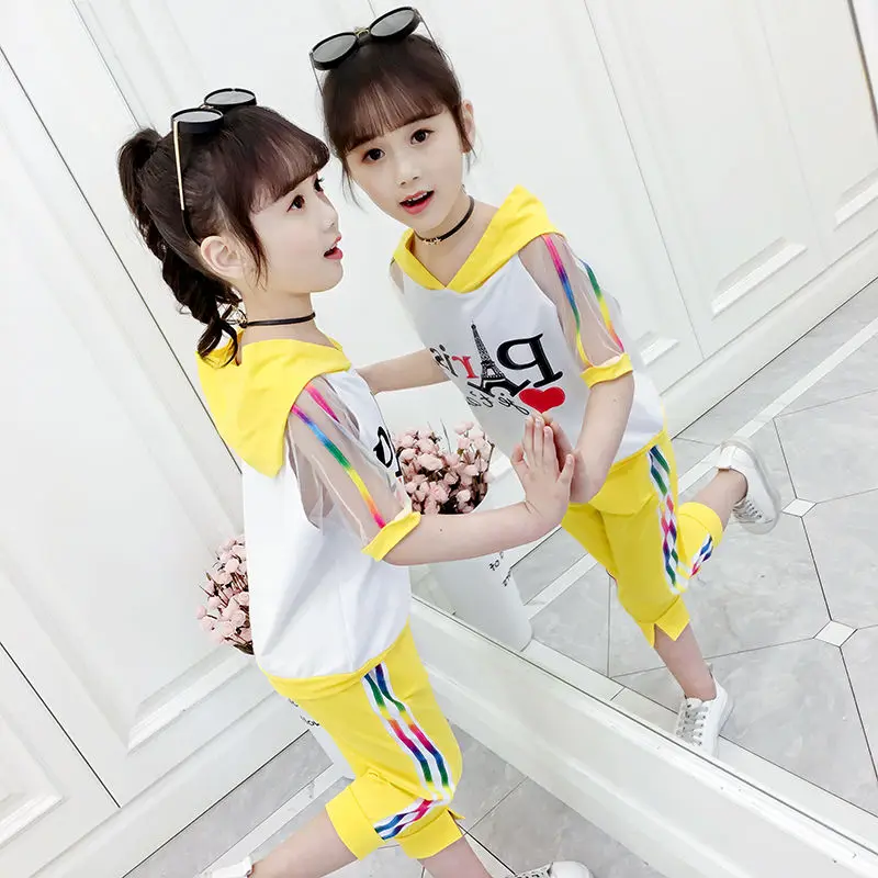 

4-14T Girls Summer Clothes Set 2022 New Fashion Color Striped Hooded Two Pieces Clothing 110-160 High Quality