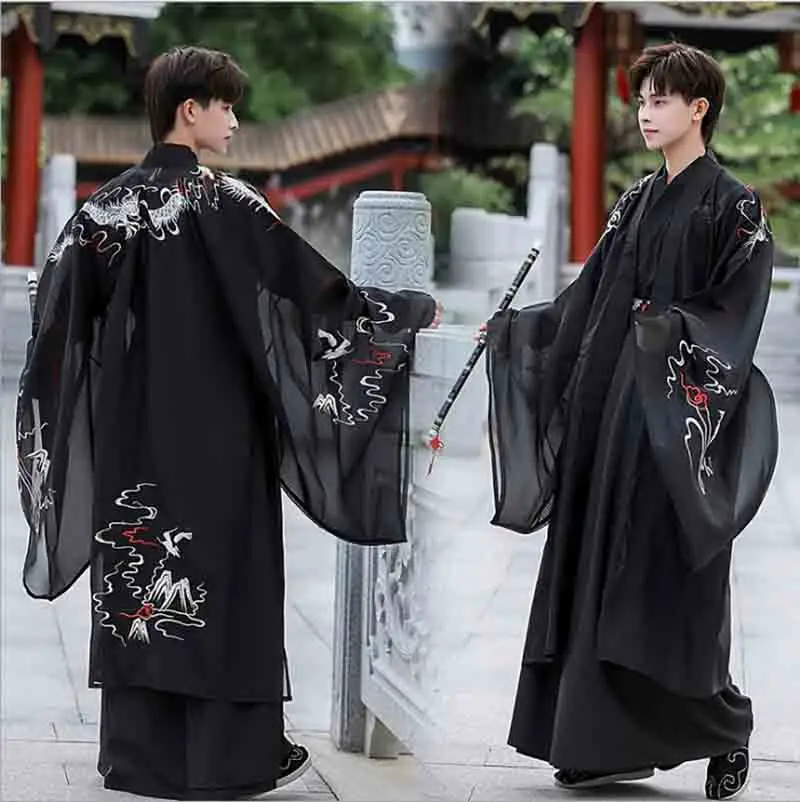 

Традиционный китайский костюм Hanfu для мужчин и женщин с вышивкой, черный костюм Hanfu для взрослых пар на Хэллоуин, маскарадный костюм для мужчин и женщин 4XL