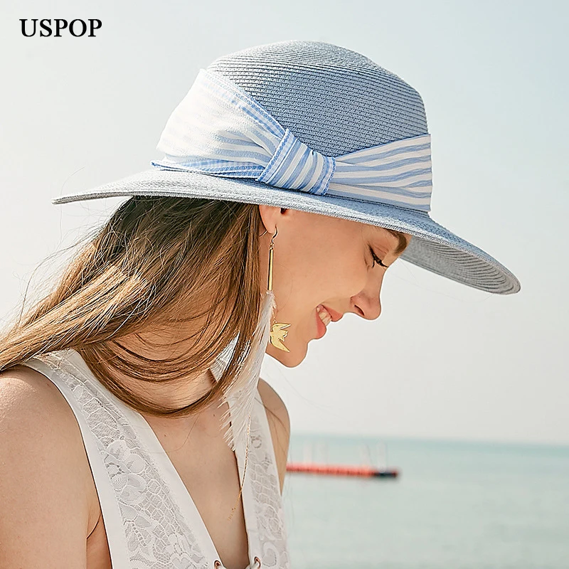 

USPOP 2022 Straw Hats Spring Summer Sun Hats Women Striped ribbon Bow Straw Beach Hat Casual Anti-UV Sun Shade