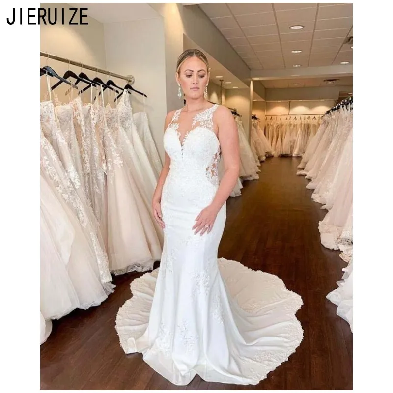 

JIERUIZE Mermaid Wedding Dresses Sheer Neck Appliques Lace Open Back Boho Wedding Gowns Bride Dresses vestidos de noiva