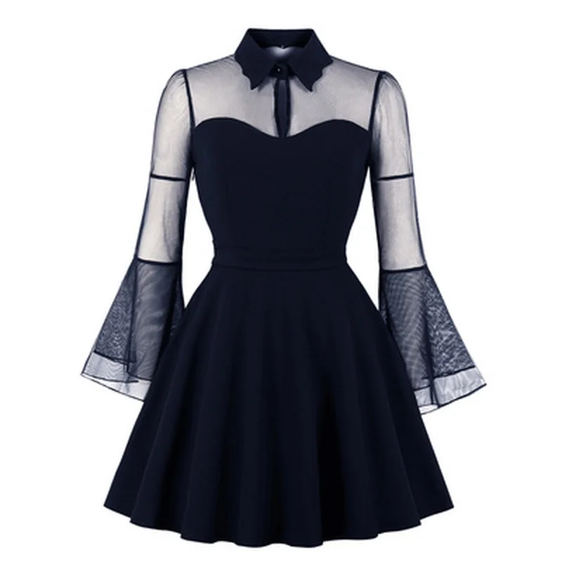 Women Sexy Mesh Dress Summer dress Lace Long Sleeve Mini Dresses Female Lace Beach Sundress Gothic