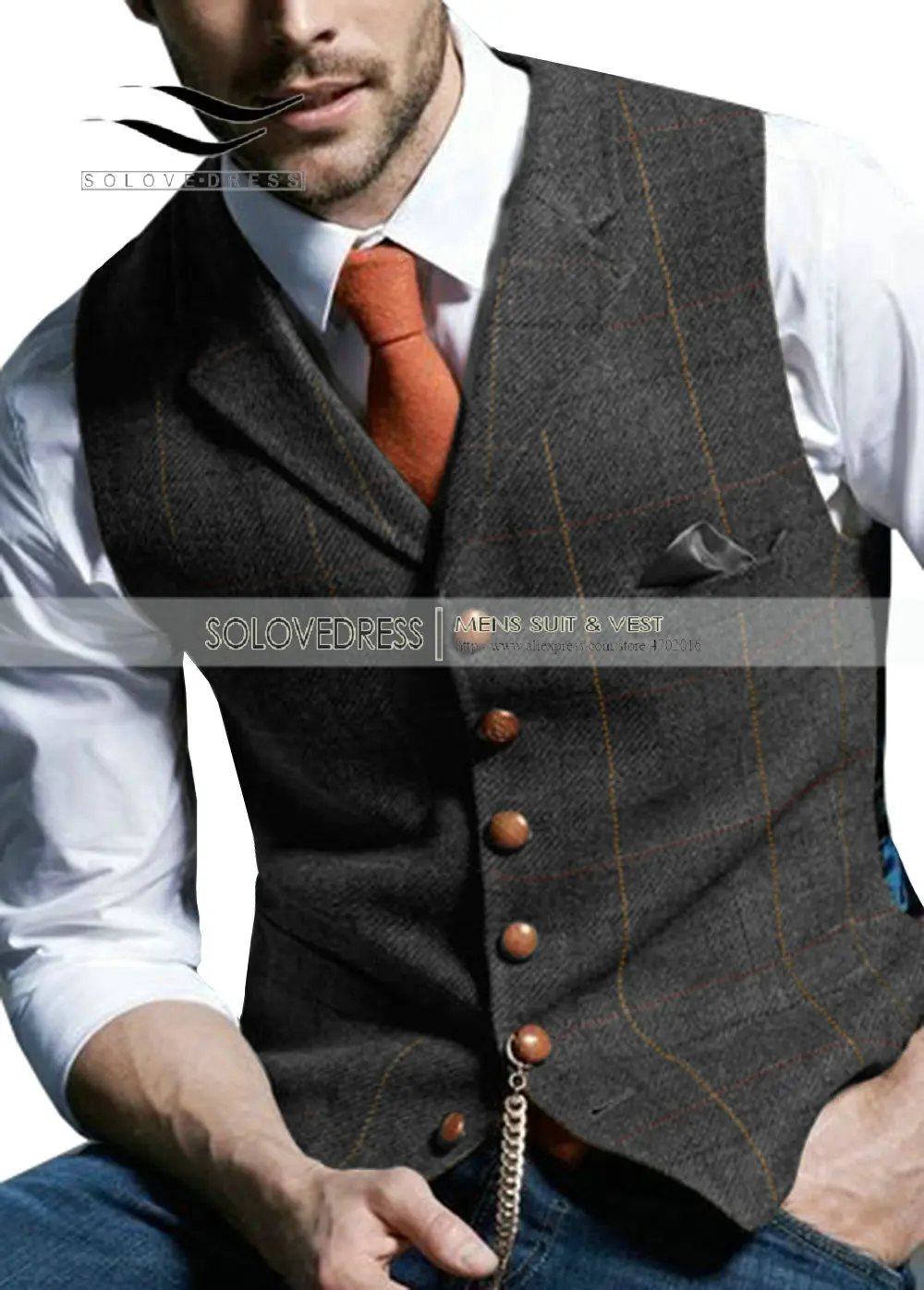 Mens Waistcoat Vest Casual Plaid Wool V Neck Peaked Lapel Slim Fit for Wedding Groomsmen Herringbone Vintage Vest Men Brown