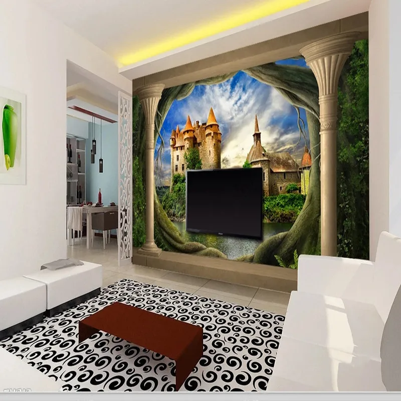 Custom 3D Photo Wallpaper Cartoon Tree Cave Castle Landscape 3D TV Background Wall Painting Stickers Papel De Parede Tapety