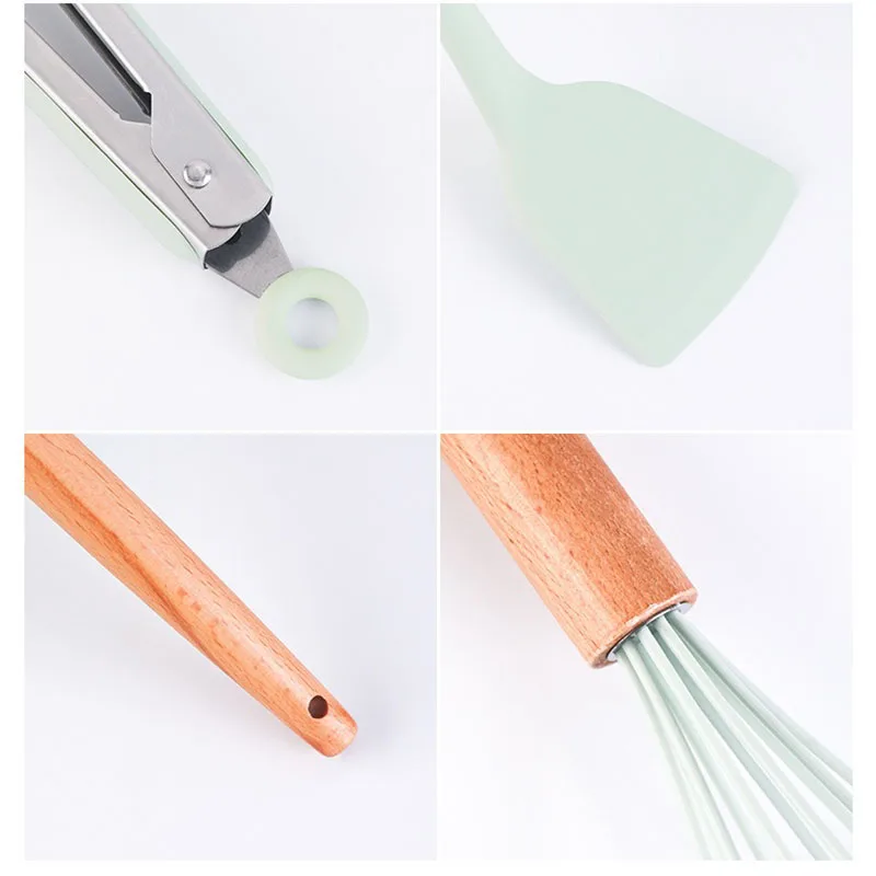 Green Silicone Utensils Cooking Kitchenware Tool Set With Wooden Multifunction Handle Non-Stick Spatula Ladle Egg Beaters Shovel